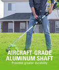 Heavy Duty 40 Volt Cordless String Trimmer Loaded With A Badass Brushless Motor And Four Point Zero Ah Battery in use on lawn.