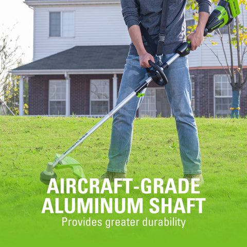 Heavy Duty 40 Volt Cordless String Trimmer Loaded With A Badass Brushless Motor And Four Point Zero Ah Battery in use on lawn.