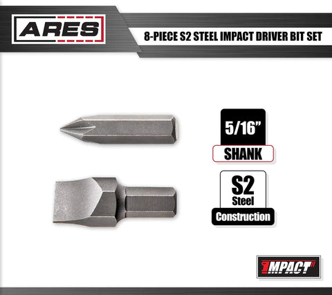 Image shows two bits from Eight Piece S2 Steel Impact Driver Bit Set With Phillips 1 2 3 4 And Slotted One Quarter Five Sixteenth Three Eighth And One Half Inch Bits In Durable Plastic Holder For Heavy Duty Automotive And Construction Projects, featuring a 5/16 inch shank and S2 steel construction.