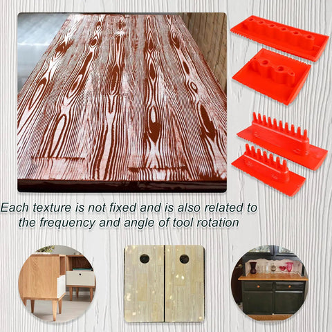 Five Piece Soft Rubber Wood Graining Tools Set For DIY Painting, showing knurling pattern on furniture and faux wood texture tools.