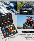 Streetwise 14 Piece Coolant Pressure Tester Kit With Manual Pump Radiator Leak Down Diagnostic Tool And Universal Adapters for Cars Trucks Bikes, shown open with diverse adapters.