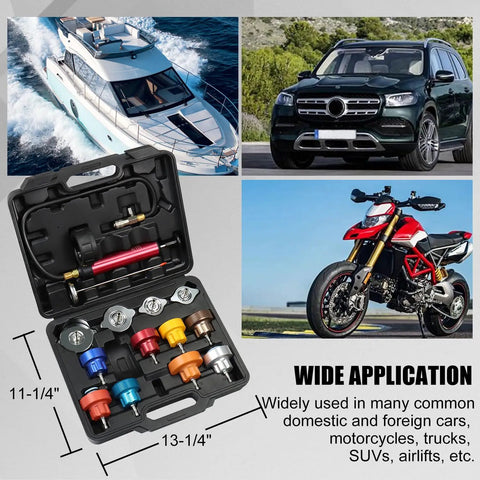 Streetwise 14 Piece Coolant Pressure Tester Kit With Manual Pump Radiator Leak Down Diagnostic Tool And Universal Adapters for Cars Trucks Bikes, shown open with diverse adapters.