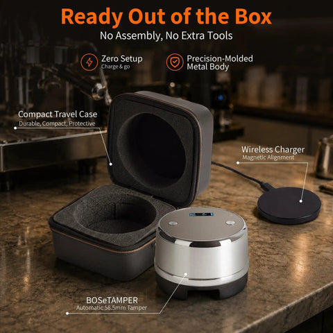 Top Shelf Automatic Espresso Tamper Designed To Hit Different On Every Shot With Dead Simple Adjustable Tamping Pressure And A Heavy Duty Aluminum Build For Zero Sweat Daily Coffee Routines in a compact travel case with wireless charger.