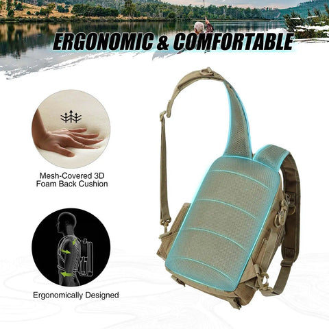 Water Resistant Fishing Backpack With Rod Holder And Padded Straps Lightweight Sling Bag with ergonomic design and foam cushion