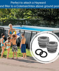 Pool Hose Adapter Kit 40mm To 1.5 Inch For Above Ground Pools, 2 Pack Grey adapters displayed beside an outdoor pool setup