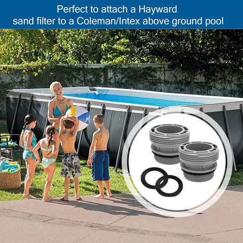 40mm To One And One Half Inch Pool Hose Adapter Kit with O-rings displayed by an above-ground pool.