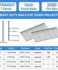 16 Gauge Finish Nails 1-3/4 Inch Galvanized Straight Finish Nails For Finish Nailer In Woodworking Upholstery And Framing Projects 2,500 Count Box Heavy Duty Crush Proof Packaging shown with specifications and nail diagram