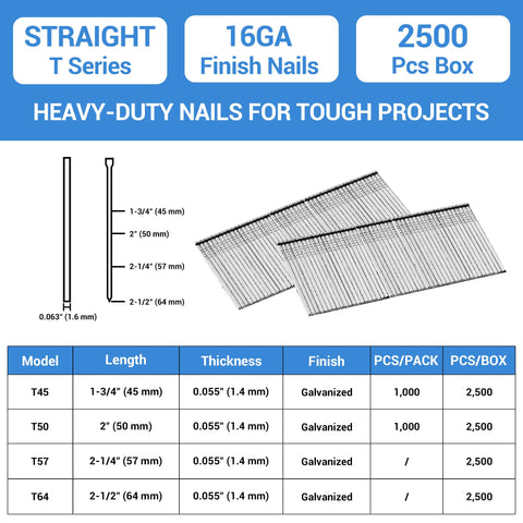 16 Gauge Finish Nails 1-3/4 Inch Galvanized Straight Finish Nails For Finish Nailer In Woodworking Upholstery And Framing Projects 2,500 Count Box Heavy Duty Crush Proof Packaging shown with specifications and nail diagram