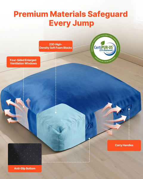 Big 5x5 Ft Sensory Crash Pad For Kids With Foam Blocks And Washable Cover Giant Soft Foam Landing Mat For Jumping Climbing Relaxing And Play In The Sensory Room Durable Cushioned Safety Pad For Home Gym, blue foam