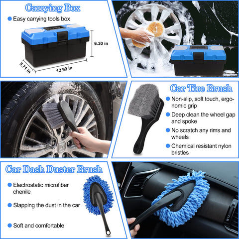 27 Piece Car Detailing Kit With Drill Brush Set And Wash Mitts For Interior Exterior And Wheels including tire brush and dash duster