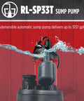 115V 1/3 HP Sump Pump With Tethered Float Switch, 3200 GPH, heavy duty aluminum and thermoplastic housing, submersed in water