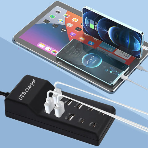 50W 10 Port USB Charging Station With 6 USB A Ports And 4 USB C Ports All In One Fast Charger for tablets and smartphones in use