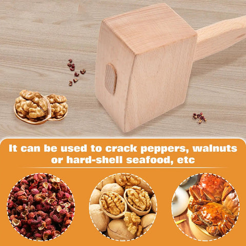 9.5 Inch Beech Wood Mallet For Do It Yourself Woodworking And Leather Craft Projects next to walnuts, peppercorns, and seafood.