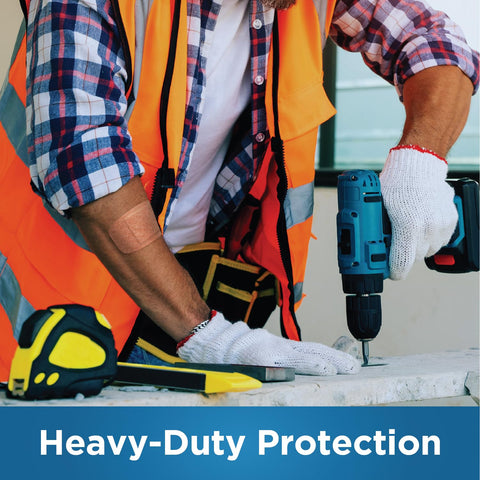 Heavy Duty Fabric Adhesive Bandages With Super Strong Adhesion And Cushioned Nonstick Pad Extra Large 1.75 X 4 Inches Durable Four Side Seal 30 Count Built To Stay Put Through Messy Scrapes on arm during construction work