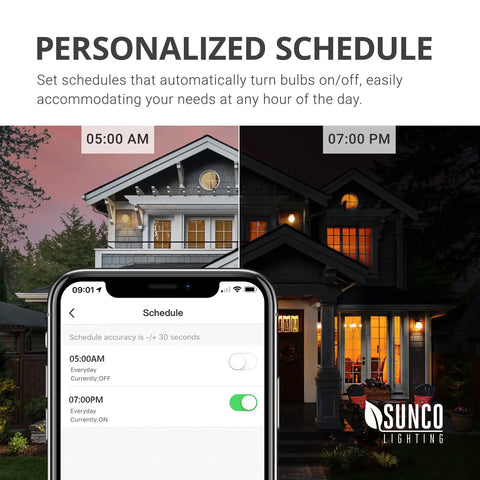App interface showing schedule for Six Pack WiFi LED Smart Bulbs B11 Candelabra E12, set to control lighting timings.