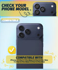 EZ Install Case Friendly 9H Tempered Glass Camera Lens Protector for iPhone models showing compatibility check.