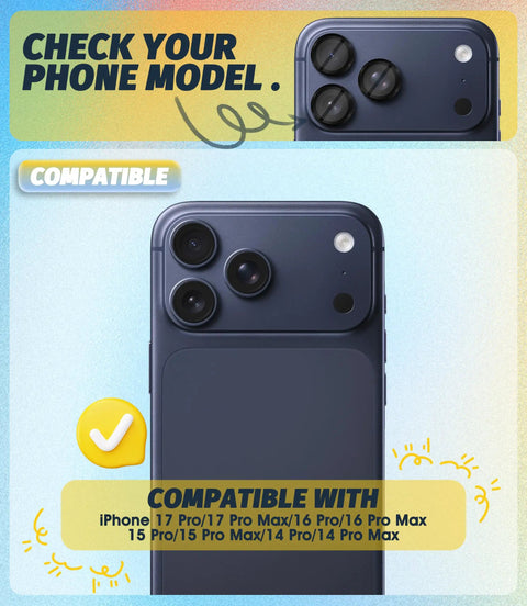 EZ Install Case Friendly 9H Tempered Glass Camera Lens Protector for iPhone models showing compatibility check.