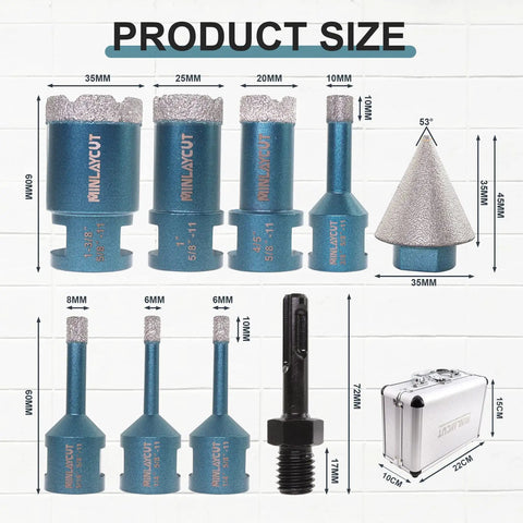 Diamond Core Drill Bit Set For Porcelain Ceramic Tile And Granite Marble Heavy Duty 9 Piece Tile Hole Saw Kit Product Size