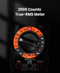 Close-up of dial on digital multimeter with carrying case for home and auto use tests DC and AC voltage, ohms, amps.