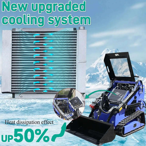 23 HP Compact Double Cooling Mini Skid Steer Loader DS SS70 with attachments, showcasing new upgraded cooling system.
