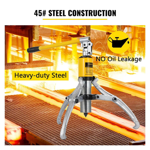 Hella Tough 15 Ton Hydraulic Gear Puller Kit featuring adjustable two or three jaw design, heavy-duty steel construction.