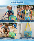 Children playing with Two Pack Mesh Beach Shovel Set With Two Shell Bags For Kids Sand Sifters And Shell Collecting Kit