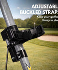 Adjustable buckled straps on Ultra Lightweight Two Wheel Golf Push Cart securing golf bag in place during play.