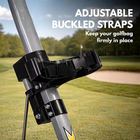 Adjustable buckled straps on Ultra Lightweight Two Wheel Golf Push Cart securing golf bag in place during play.