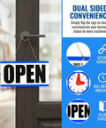 Double-Sided Closed Sign With Clock And Will Return Indicator hanging on door "Open" side visible
