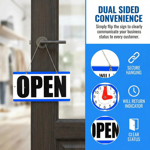 Double-Sided Closed Sign With Clock And Will Return Indicator hanging on door "Open" side visible