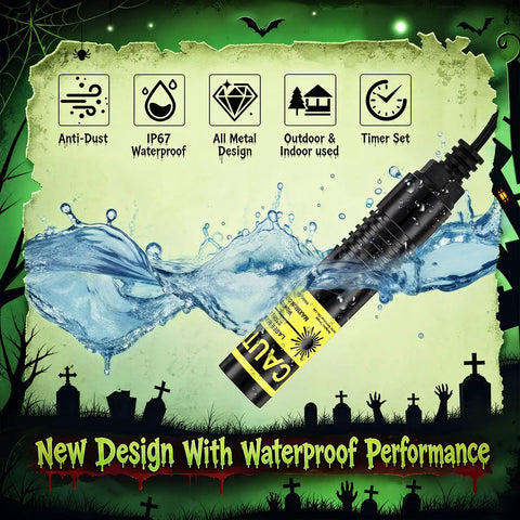 Green Laser Halloween Generator With Timer For Spooky Party Lighting And Fog Effects, Projects Bright Creepy Beams Across Marsh Fog To Create Epic Atmosphere And Endless Halloween Fun., black metal IP67 waterproof laser projector with timer