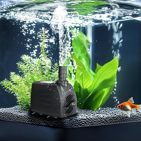 550 GPH Submersible Fountain Pump With 7.2 Ft Lift, 30W, shown in an aquarium setting with plants and a fish