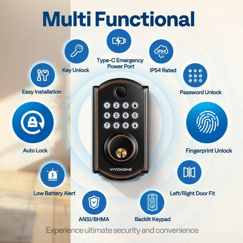 Keyless Entry Door Lock With Fingerprint And Passcode, Electronic Deadbolt For Front Door, Auto Lock, Includes 2 Keys features.