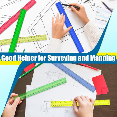 Hands using 32 Pack 12 Inch Plastic Rulers Set With Transparent Colorful Dual Sided Measuring Tool at desk for drawing and mapping.