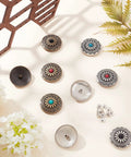 Top Shelf Vintage Western Screw Back Buttons 12 Piece Set 30mm Turquoise Flower Conchos on a light background with greenery.
