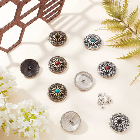 Top Shelf Vintage Western Screw Back Buttons 12 Piece Set 30mm Turquoise Flower Conchos on a light background with greenery.