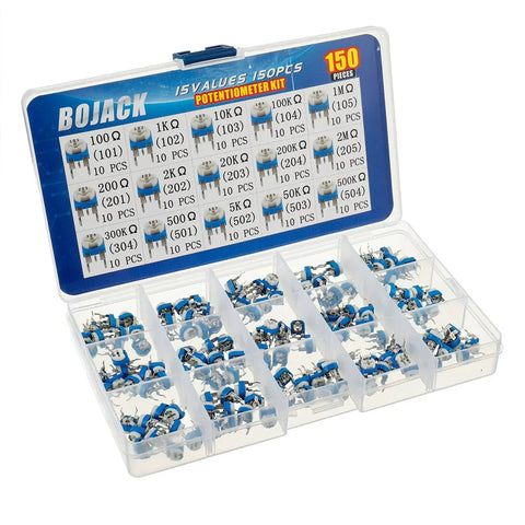 Fifteen Value Potentiometer Assortment Kit With One Hundred Fifty Pieces Six Millimeter Zero Point One Watt Variable Resistors For DIY Electronics Includes One Hundred Ohm To Two Million Ohm Fifty Volt Max In Clear Plastic Box Great For Hobbyists And Pros displayed open