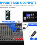 12 Channel Audio Mixer for Live DJing and Studio Use, 99 DSP Effects and 7 Band EQ, USB connection with computer and flash drive