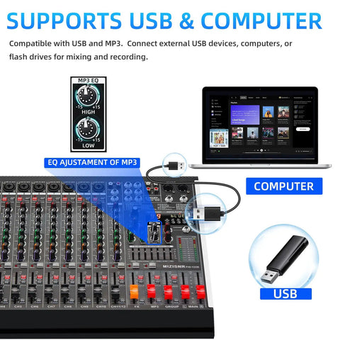 12 Channel Audio Mixer for Live DJing and Studio Use, 99 DSP Effects and 7 Band EQ, USB connection with computer and flash drive