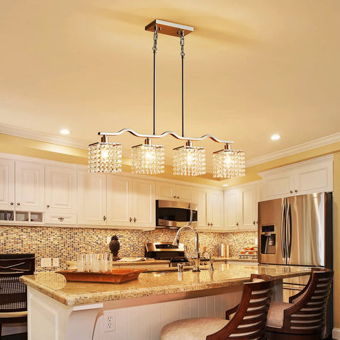 Crystal Chandelier Four Light Linear Raindrop Pendant Ceiling Light With Nickel Finish Ideal For Bedroom Dining Room Bar Or Kitchen Island