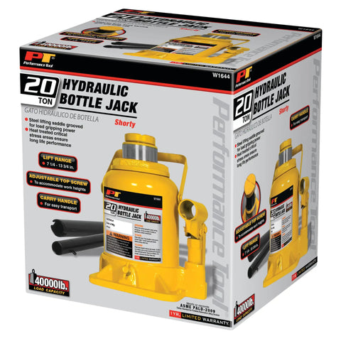 20 Ton Shorty Bottle Jack For Auto Truck Farm And Shop Lifting, 40,000 Lb Capacity, Lift Range From Seven And A Quarter Inch To Thirteen And Three Quarter Inch, Heavy Duty Workhorse Lifting Tool packaging