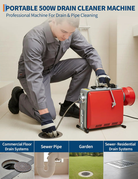Heavy Duty 500 Watt Electric Drain Auger And Commercial Sewer Snake With 66 Foot Coiled Cable and Six Multi Blade Tips cleaning a floor drain.