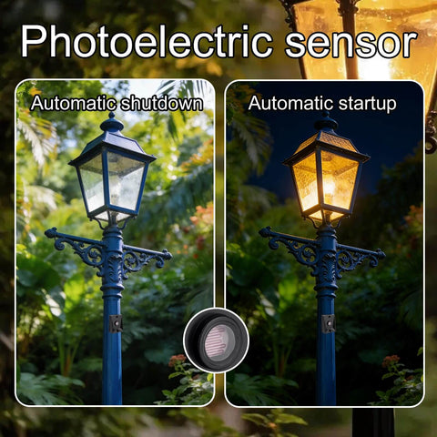 Comparison of street lamp with Dusk To Dawn Outdoor Light Sensor Switch 120V Weatherproof Photocell showing auto shutdown and startup