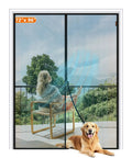 Magnetic Screen Door For 72 By 96 Inch Opening Fits 74 By 97 Screen Heavy Duty Fiberglass Mesh with woman and dog