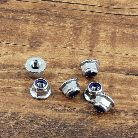 20 Piece M6 Self Locking Nut Set With Flange, 304 Stainless Steel Nylon Insert Anti Loosening Nuts, Bright Finish on wood surface