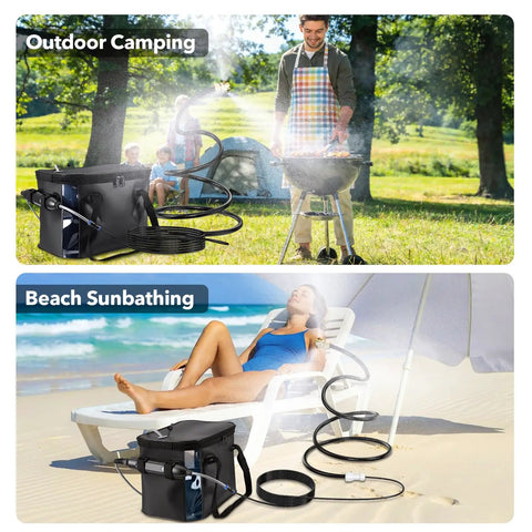 Portable Misting System With 5000mAh Rechargeable Pump, 20L Water Bucket, 9.8Ft Hose at camping and beach settings