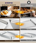 Comparison of 12 Pack Half-Size Aluminum Baking Sheets Pan Set showing uniform heating, reinforced edges, and thickened design against others.