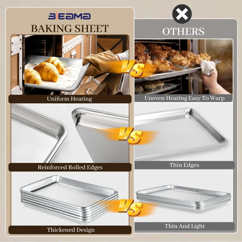 Comparison of 12 Pack Half-Size Aluminum Baking Sheets Pan Set showing uniform heating, reinforced edges, and thickened design against others.