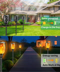 43 Inch Solar Torch Lights With Flickering Flame Effect, Waterproof Outdoor Torches installed in a yard and driveway, day and night view.