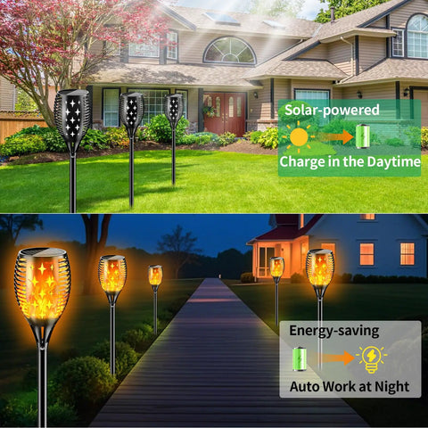 43 Inch Solar Torch Lights With Flickering Flame Effect, Waterproof Outdoor Torches installed in a yard and driveway, day and night view.